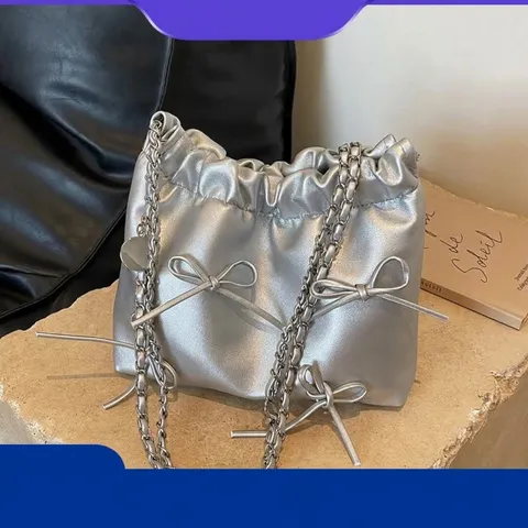 Women Bucket Bag PU Leather Bowknot Decor Drawstring Pleated Chain Strap Metallic Shoulder Crossbody Purse