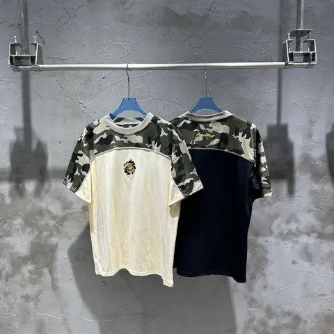 High Street Casual Cotton Camouflage Patchwork Embroidered Short Sleeve Top And Bottom Streetwear Unisex Cotton Summer Clothing