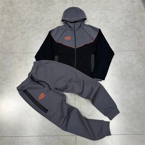 Unisex High Street Trendy Letter Embroidery Fleece Lined Hooded Jacket Top And Jogger Bottom Cotton Casual Sporty Leisure Suit