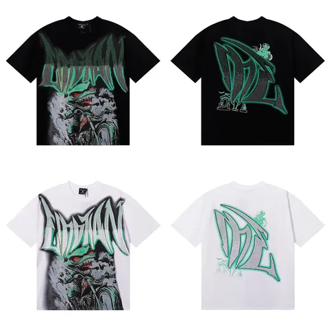 High Street Ανδρικό Βαμβακερό T-Shirt Με Στρας Γράμματα Σχέδιο Κινουμένων Σχεδίων Εξωγήινος Άγγελος Κοντομάνικο Top Hip Hop Casual Χαλαρό Unisex