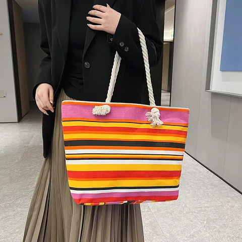 Sac Cabas en Toile pour Femmes Décontracté Grande Capacité Sac à Bandoulière Vintage Sac à Main de Shopping avec Poignée en Corde de Coton