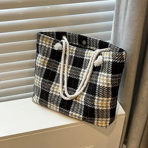 Sac Cabas en Toile pour Femmes Grande Capacité Motif Carreaux Sac Bandoulière Décontracté Rétro Sac à Main Tendance