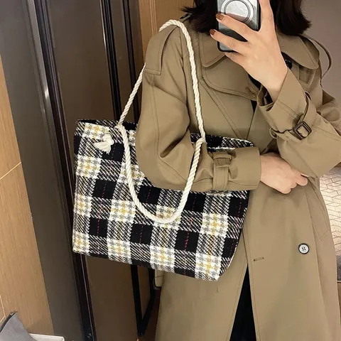 Sac Cabas en Toile pour Femmes Grande Capacité Motif Carreaux Sac Bandoulière Décontracté Rétro Sac à Main Tendance