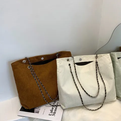 Sac Cabas en Velours Côtelé Décontracté pour Femmes Grande Capacité Sac à Bandoulière Chaîne Vintage Sac Shopper Doux Rétro Chic