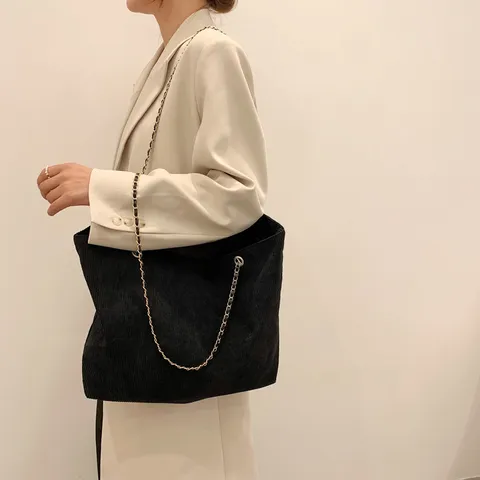 Sac Cabas en Velours Côtelé Décontracté pour Femmes Grande Capacité Sac à Bandoulière Chaîne Vintage Sac Shopper Doux Rétro Chic