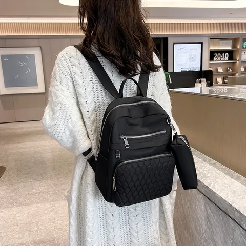 Sac à Dos Décontracté pour Femme en Tissu Oxford Matelassé Grande Capacité Sac d'École Voyage avec Poches Avant Zippées