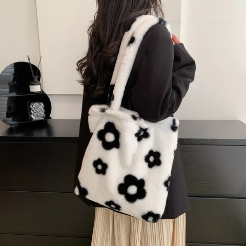 Caballito en Peluche pour Femmes Sac Bandoulière Souple en Fausse Fourrure Grande Capacité Décontracté Mignon Imprimé Étoile Florale Hiver