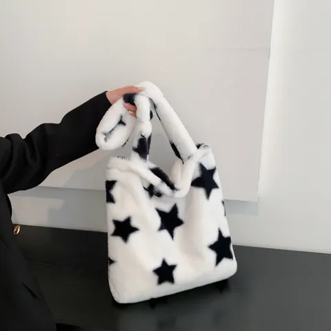 Caballito en Peluche pour Femmes Sac Bandoulière Souple en Fausse Fourrure Grande Capacité Décontracté Mignon Imprimé Étoile Florale Hiver
