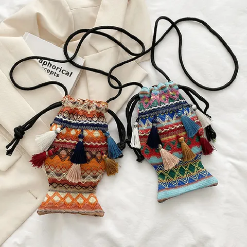 Style Ethnique Toile Sac Bandoulière Pour Femmes Sac Seau Tissé à Glands Motif Géométrique Coloré Sac à Main Quotidien Décontracté
