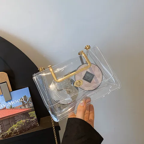 Sac Bandoulière Transparent en PVC Sac à Main Jelly Clair Avec Chaîne Fermoir pour Femme Quotidien Décontracté