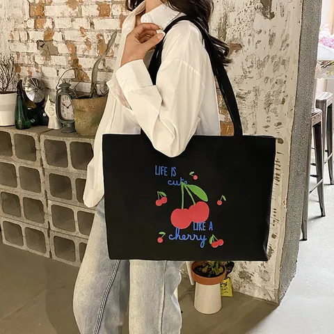 Sac Cabas en Toile pour Femme Mode Décontracté Grande Capacité Sac à Bandoulière Mignon Imprimé Cerise Sac à Main Quotidien