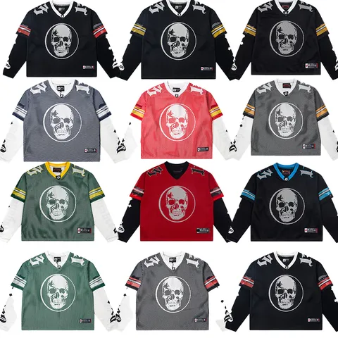 Mesh Fake Two Piece Long Sleeve T-Shirt Men Women High Street Gothic Skull Graphic Cotton Blend Loose Fit Casual Pullover Top