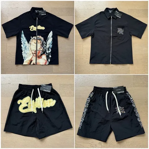 Mixed Emotion Gothic Rhinestone Letter Embroidered Zipper Short Sleeve Shirt And Shorts Set Streetwear Casual Top And Bottom Clothing