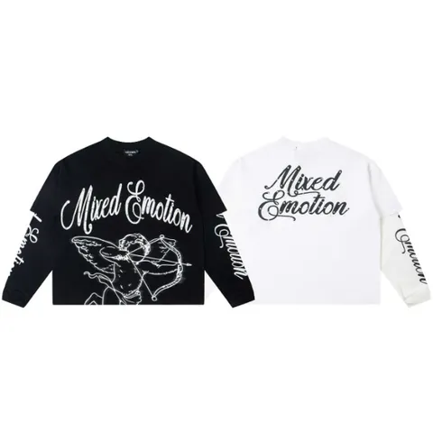 Men Women Cotton Fake Two-Piece Long Sleeve T-Shirt Cupid Archery Graphic Hot Drill Streetwear Casual Crew Neck Top