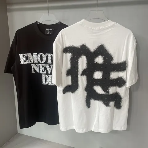 Men Casual Cotton T-Shirt Loose Fit Crew Neck Short Sleeve Top With Rhinestone Letter Print American Retro Style