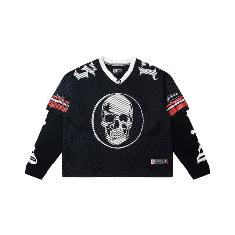Mesh Fake Two Piece Long Sleeve T-Shirt Men Women High Street Gothic Skull Graphic Cotton Blend Loose Fit Casual Pullover Top