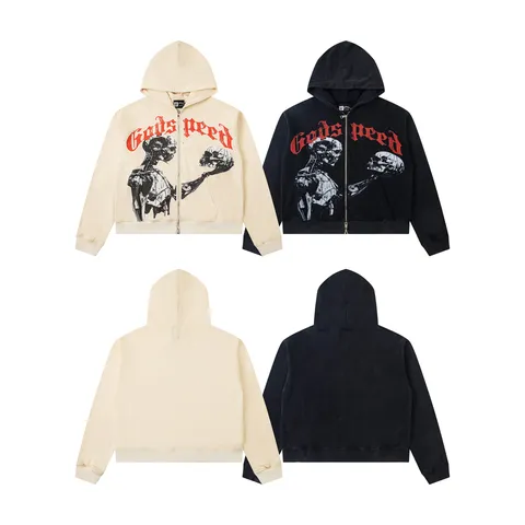 Men Casual Loose Hooded Sweatshirt Zipper Cardigan Long Sleeve Jacket Skull Graphic Print Streetwear Outerwear Top