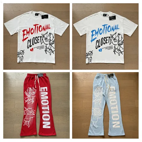 Men Women Casual Cotton T-Shirt And Washed Pants Cupid Angel Print Short Sleeve Top Loose Streetwear Street Style