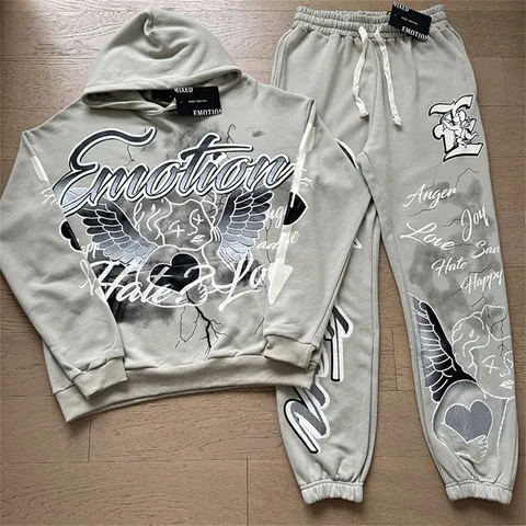 Mixed Emotion Angel Graffiti Letter Printed Hoodie And Bottom Set American High Street Cotton Streetwear Unisex Casual Outfit