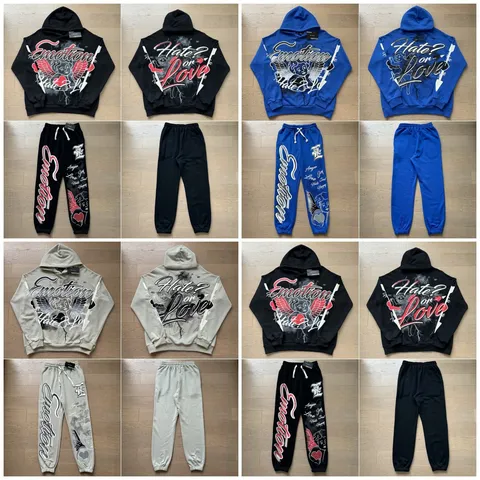 Mixed Emotion Angel Graffiti Letter Printed Hoodie And Bottom Set American High Street Cotton Streetwear Unisex Casual Outfit