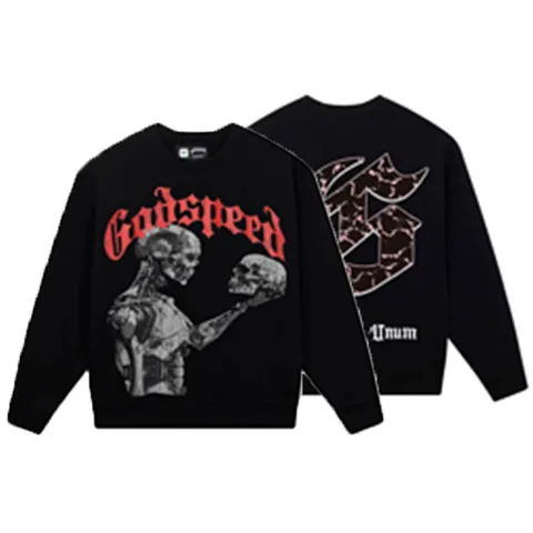Godspeed Skull Geometric Printed Long Sleeve Sweatshirt Crewneck High Street Streetwear Unisex Casual Cotton Pullover Top