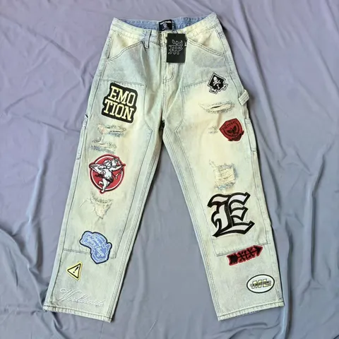 Vaqueros de Corte Recto con Bordado Geométrico High Street Para Hombres Mujeres Pantalones Denim Lavados Desgastados Streetwear Hip Hop Casual