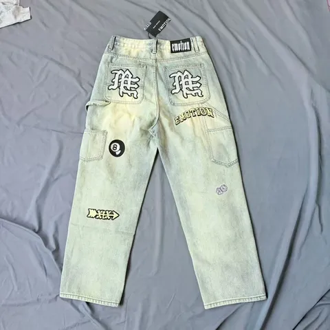 Vaqueros de Corte Recto con Bordado Geométrico High Street Para Hombres Mujeres Pantalones Denim Lavados Desgastados Streetwear Hip Hop Casual