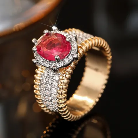 Anillo Abierto de Banda Ancha para Mujer de Cobre Incrustado de Circonia Geométrico Pavé de Strass Borde Acanalado Bicolor Vintage Francés