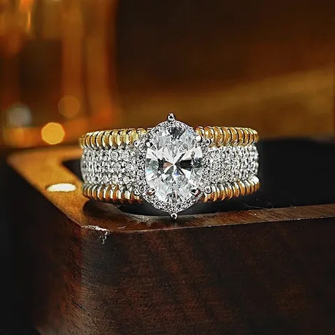 Anillo Abierto de Banda Ancha para Mujer de Cobre Incrustado de Circonia Geométrico Pavé de Strass Borde Acanalado Bicolor Vintage Francés