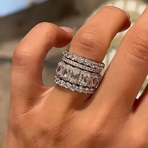Luxe Koperen Platinastapelbare Ringen Set Voor Dames Geometrische Zirconia Ingelegde Vierdelige Vingerringen Feestsieraden Cadeau