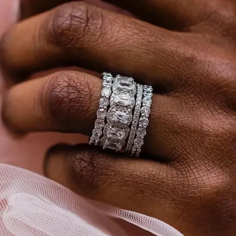 Luxe Koperen Platinastapelbare Ringen Set Voor Dames Geometrische Zirconia Ingelegde Vierdelige Vingerringen Feestsieraden Cadeau