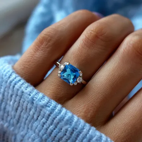 Anillo de Cobre Imitación Zafiro Estilo de Corte Vintage Micro Incrustado Circonia Geométrico Cuadrado Gema Azul Anello de Declaración para Mujeres Joyería Regalo