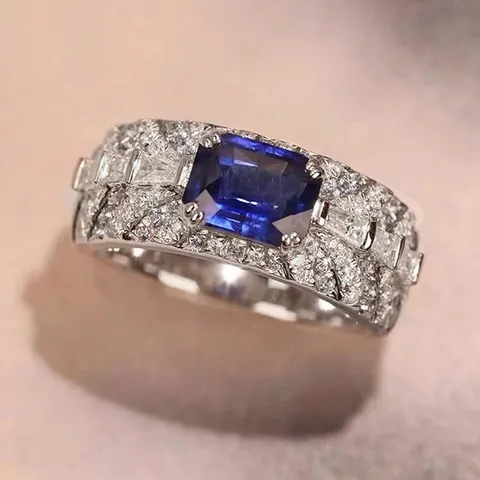 Vintage Luxurious Copper Zirconia Blue Stone Open Ring For Women Emerald Cut Faux Sapphire Geometric Wide Band Jewelry Accessories
