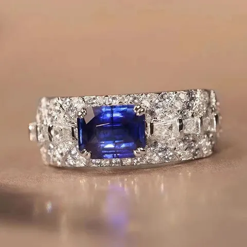 Vintage Luxurious Copper Zirconia Blue Stone Open Ring For Women Emerald Cut Faux Sapphire Geometric Wide Band Jewelry Accessories