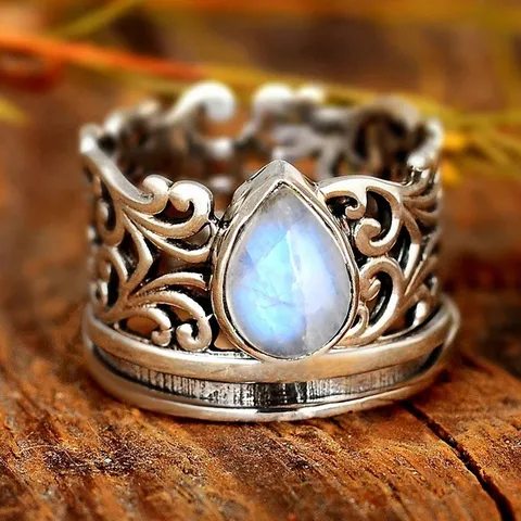 Anillo Giratorio Vintage de Cobre Con Gota de Agua para Mujer Plata Antigua Tallado Hueco Geométrico Piedra de Luna Artificial