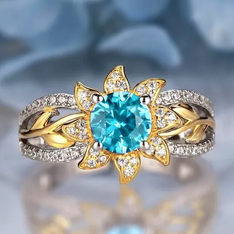 Pastoral Copper Two-Tone Sunflower Ring Zirconia Inlaid Flower Leaf Blue Simulated Sapphire Open Finger Ring Vacation Jewelry For Women