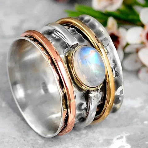 Bague Spinner Vintage Tricolore Pour Femmes Cuivre Métaux Mixtes Large Bande Géométrique Ovale Perle Artificielle Bijoux Bague