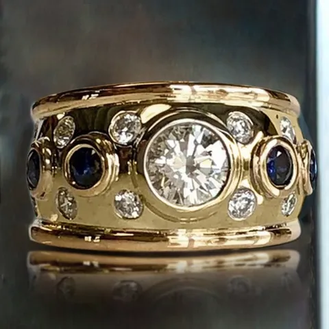 Old Money Stil Breit Vergoldet Kupfer Geometrisch Blau Weiß Zirkonia Ring Französisch Vintage Luxus Bankett Schmuck Fingerring Für Damen