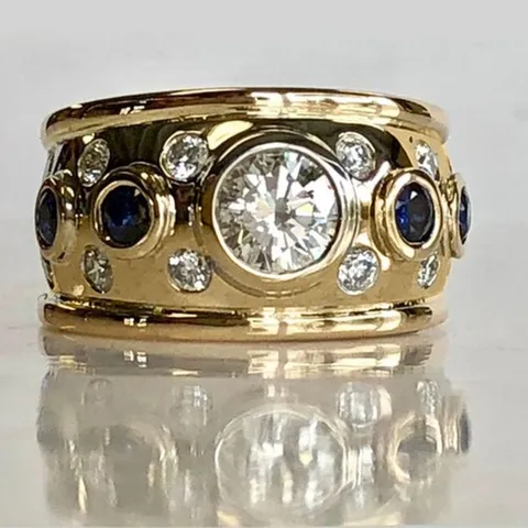 Old Money Stil Breit Vergoldet Kupfer Geometrisch Blau Weiß Zirkonia Ring Französisch Vintage Luxus Bankett Schmuck Fingerring Für Damen