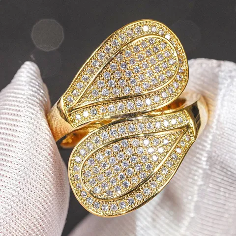 Luxus Kupfer Vergoldet Doppelte Tränenform Offener Ring Metallischer Mikro-Strass Sparkly Einstellbarer Schmuck Fingerring Für Frauen