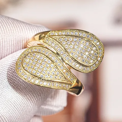 Luxus Kupfer Vergoldet Doppelte Tränenform Offener Ring Metallischer Mikro-Strass Sparkly Einstellbarer Schmuck Fingerring Für Frauen
