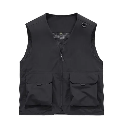 Men's Multi Pocket Outdoor Photography Fishing Workwear Vest Casual Loose Zipper V Neck Sleeveless Polyester Top