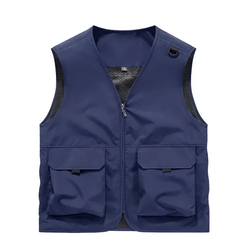 Men's Multi Pocket Outdoor Photography Fishing Workwear Vest Casual Loose Zipper V Neck Sleeveless Polyester Top