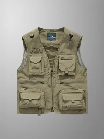 Men's Tactical Fishing Photography Vest Multi-Pocket Quick Dry Mesh Outdoor Casual Sleeveless Jacket Nylon Zip Top