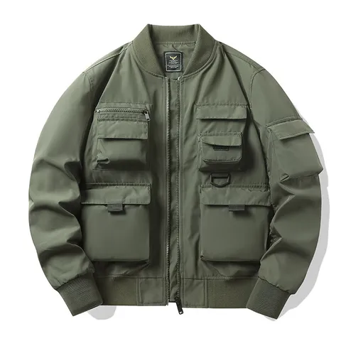 Men American Retro Bomber Jacket Multi-Pocket Cargo Outerwear Stand Collar Zipper Casual Windbreaker Jacket