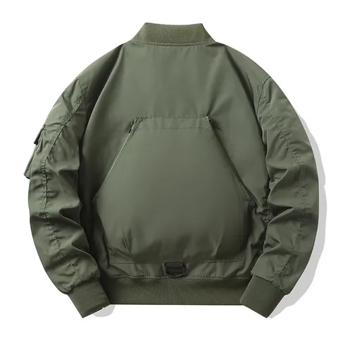 Men American Retro Bomber Jacket Multi-Pocket Cargo Outerwear Stand Collar Zipper Casual Windbreaker Jacket