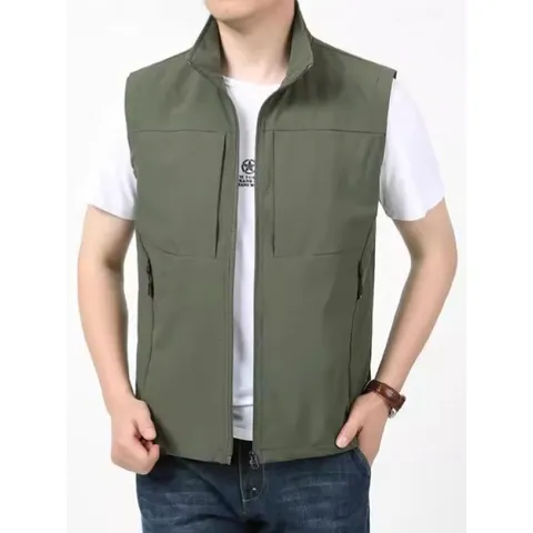 Men's Casual Quick Drying Stand Collar Vest Spring Autumn Outdoor Multi Pocket Zip Pocket Sleeveless Outerwear Jacket