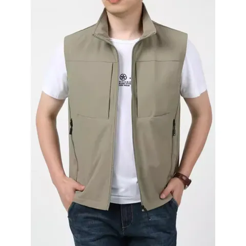 Men's Casual Quick Drying Stand Collar Vest Spring Autumn Outdoor Multi Pocket Zip Pocket Sleeveless Outerwear Jacket