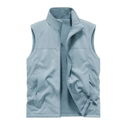 Men's Winter Fleece Lined Reversible Vest Casual Multi Pocket Stand Collar Zipper Warm Outdoor Outerwear