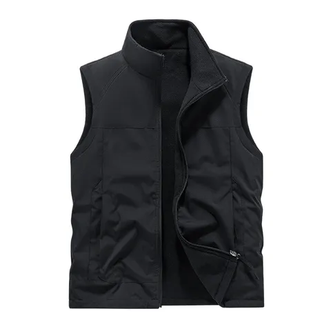 Men's Winter Fleece Lined Reversible Vest Casual Multi Pocket Stand Collar Zipper Warm Outdoor Outerwear